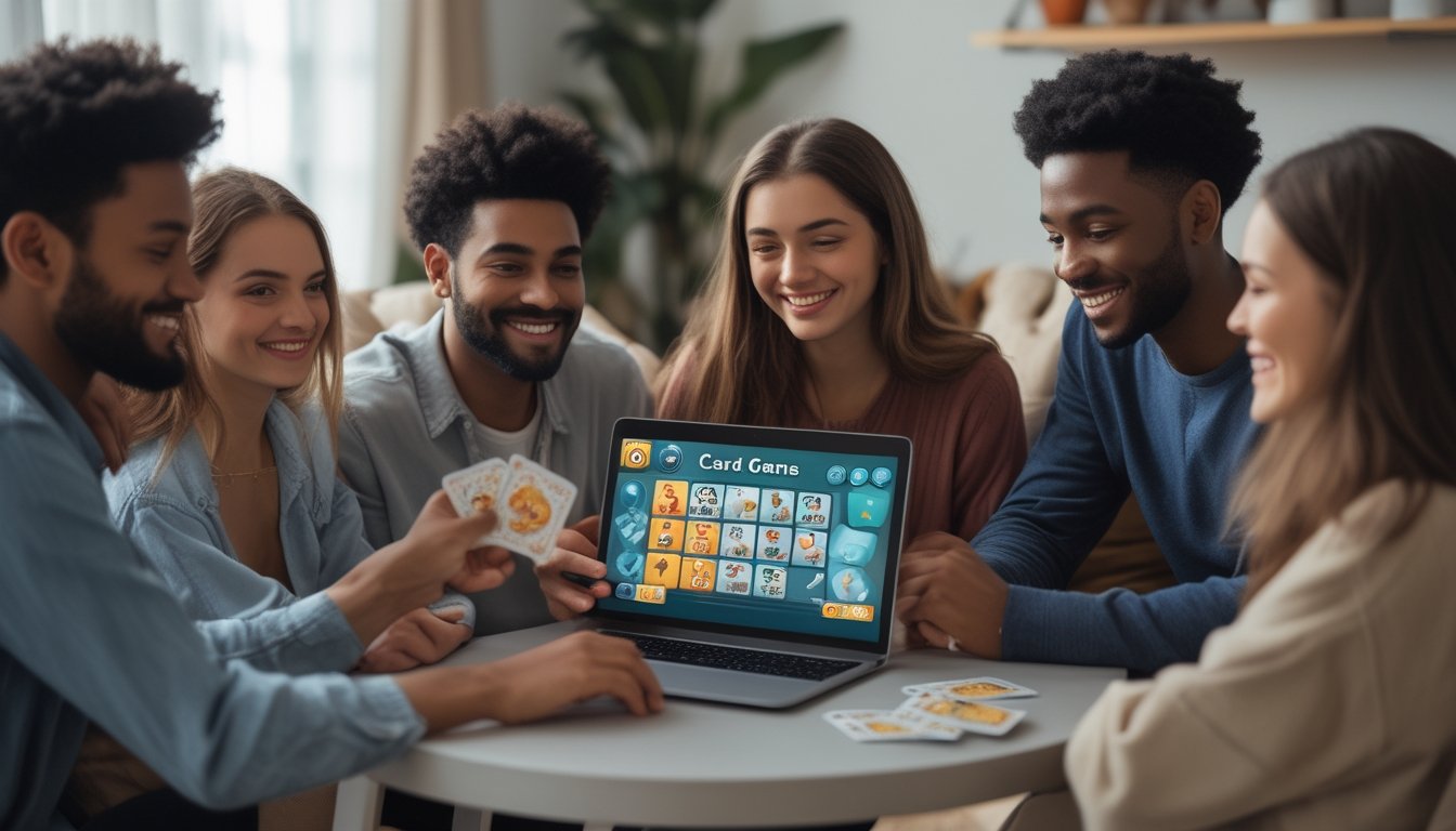 Sekelompok orang muda bermain permainan kartu online bersama-sama di meja dengan laptop di ruang tamu yang nyaman.