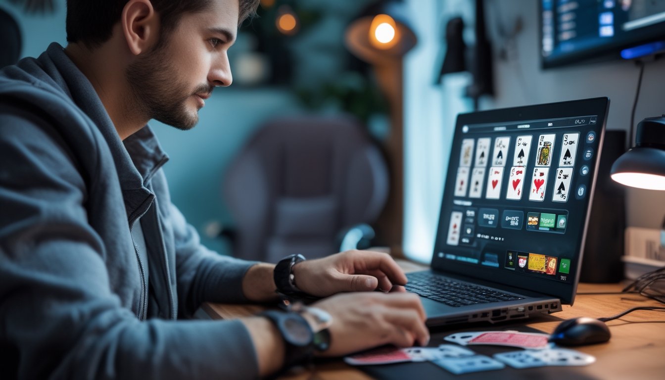 Seorang pria fokus bermain poker online dengan laptop di meja kerja yang rapi dan pencahayaan hangat.