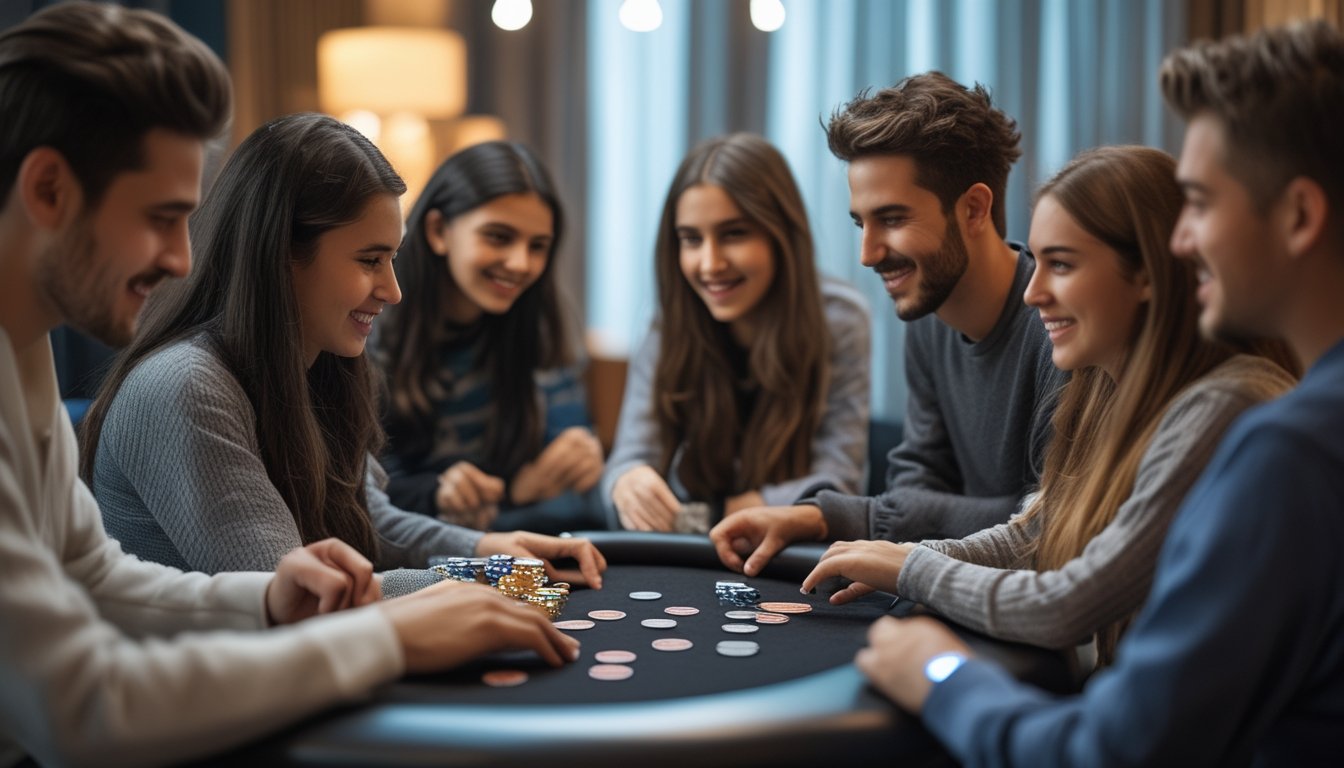 Sekelompok orang muda bermain poker di meja modern dengan kartu dan chip poker, suasana santai dan fokus.