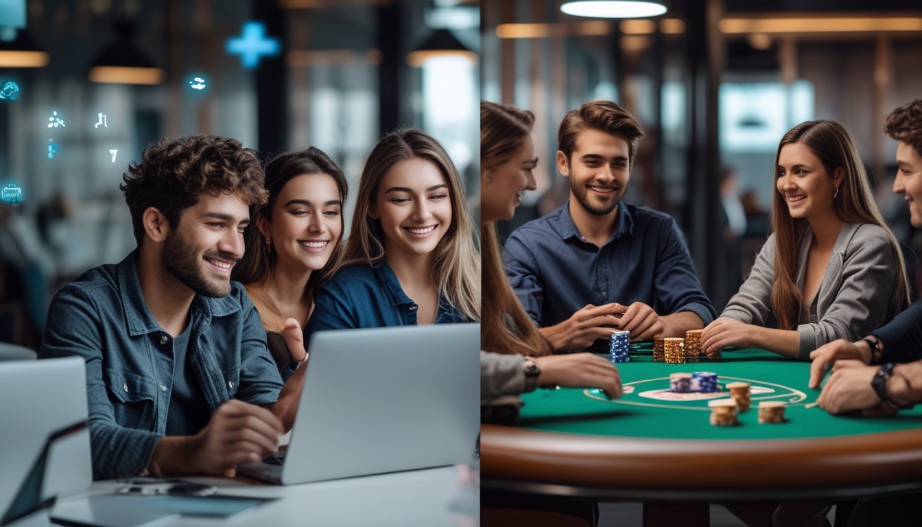 Dua kelompok orang muda bermain poker di meja yang berbeda, satu santai dengan perangkat digital dan satu serius dengan kartu dan chip.