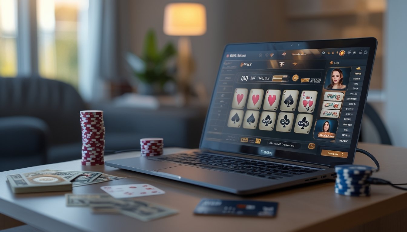 Sebuah laptop di meja dengan permainan poker online di layar, dikelilingi oleh kartu remi, chip poker, dan ponsel di ruang tamu yang terang.