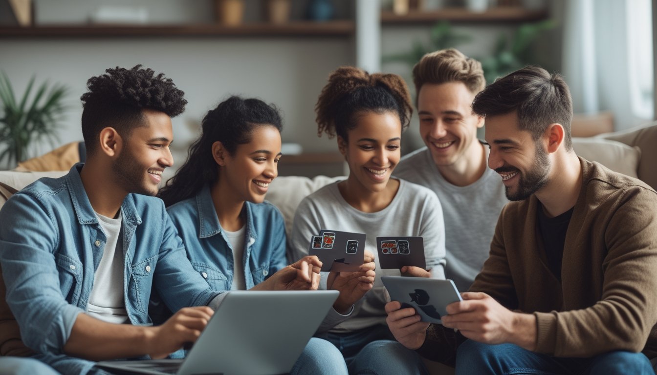 Sekelompok orang muda bermain permainan kartu online bersama di ruang tamu yang nyaman.