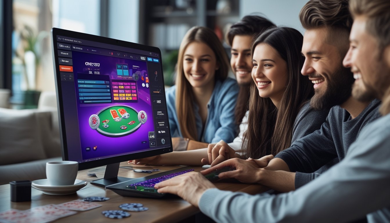 Sekelompok orang muda bermain game poker online di laptop di ruangan yang nyaman dan terang.