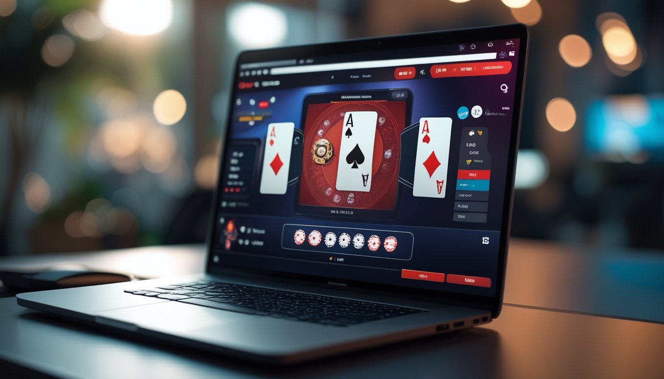Sebuah laptop menampilkan permainan strip poker online dengan grafis berkualitas tinggi, di atas meja dengan pencahayaan hangat.