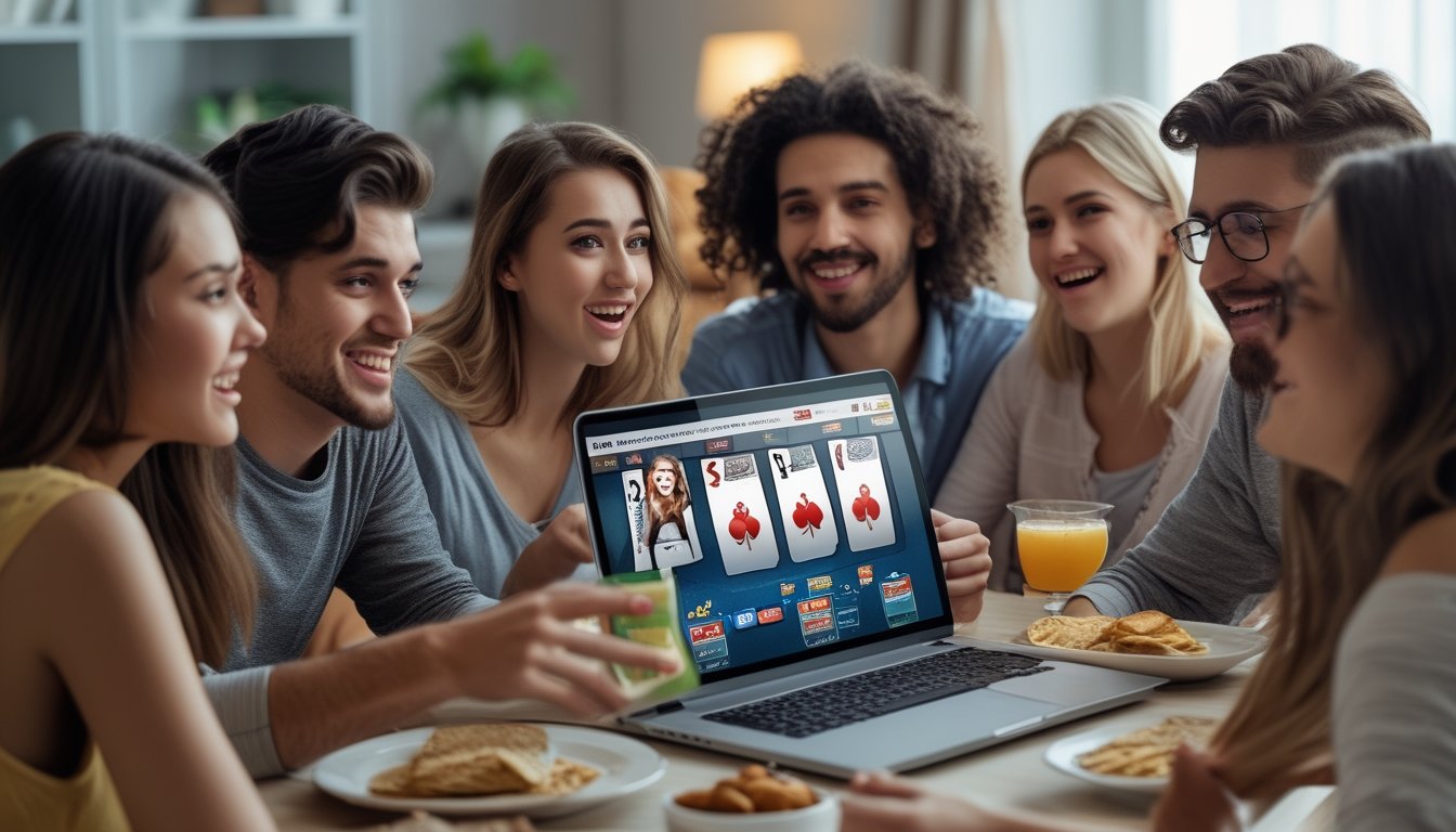Sekelompok orang muda bermain poker online di ruang tamu dengan laptop di atas meja, menunjukkan ekspresi serius dan senang.