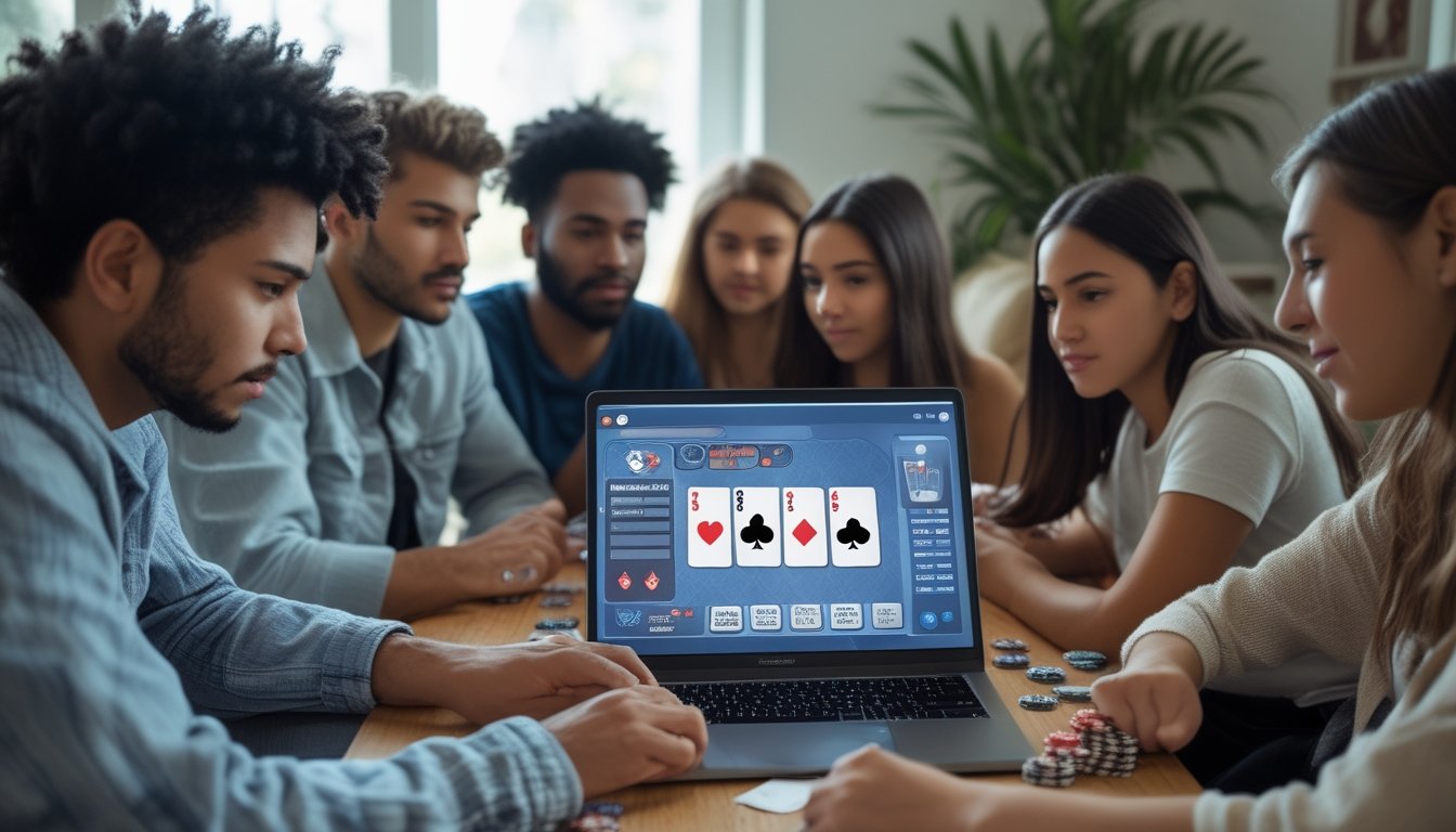 Sekelompok orang muda bermain poker online di laptop dengan suasana fokus dan santai di ruang tamu.