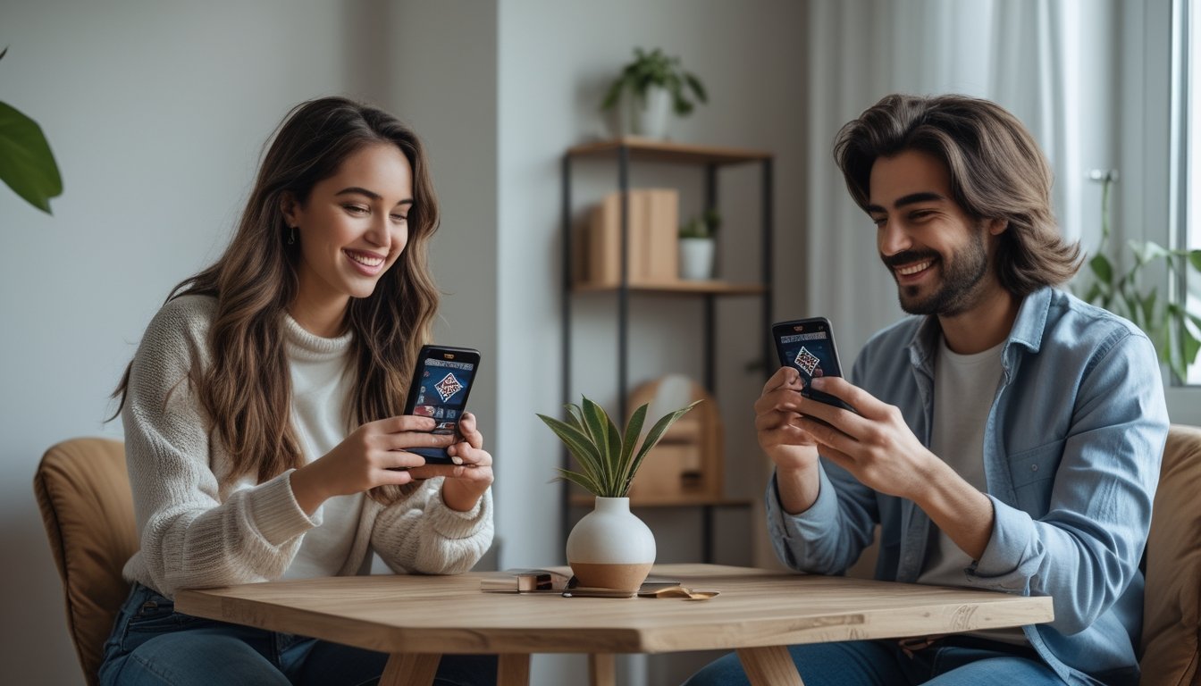 Dua orang muda sedang bermain poker menggunakan smartphone di meja kecil dalam ruangan yang nyaman.