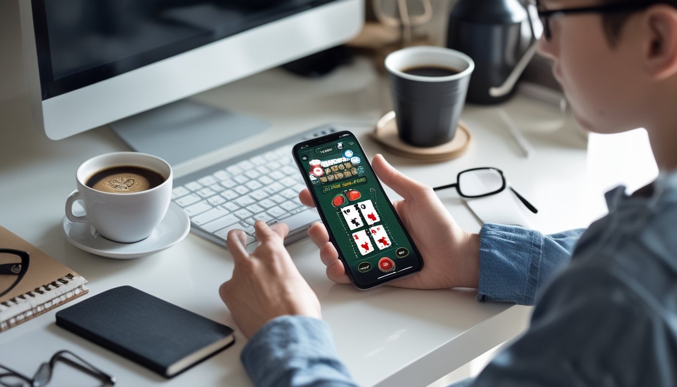 Seseorang sedang duduk di meja dengan smartphone menampilkan permainan poker, siap bermain strip poker online.