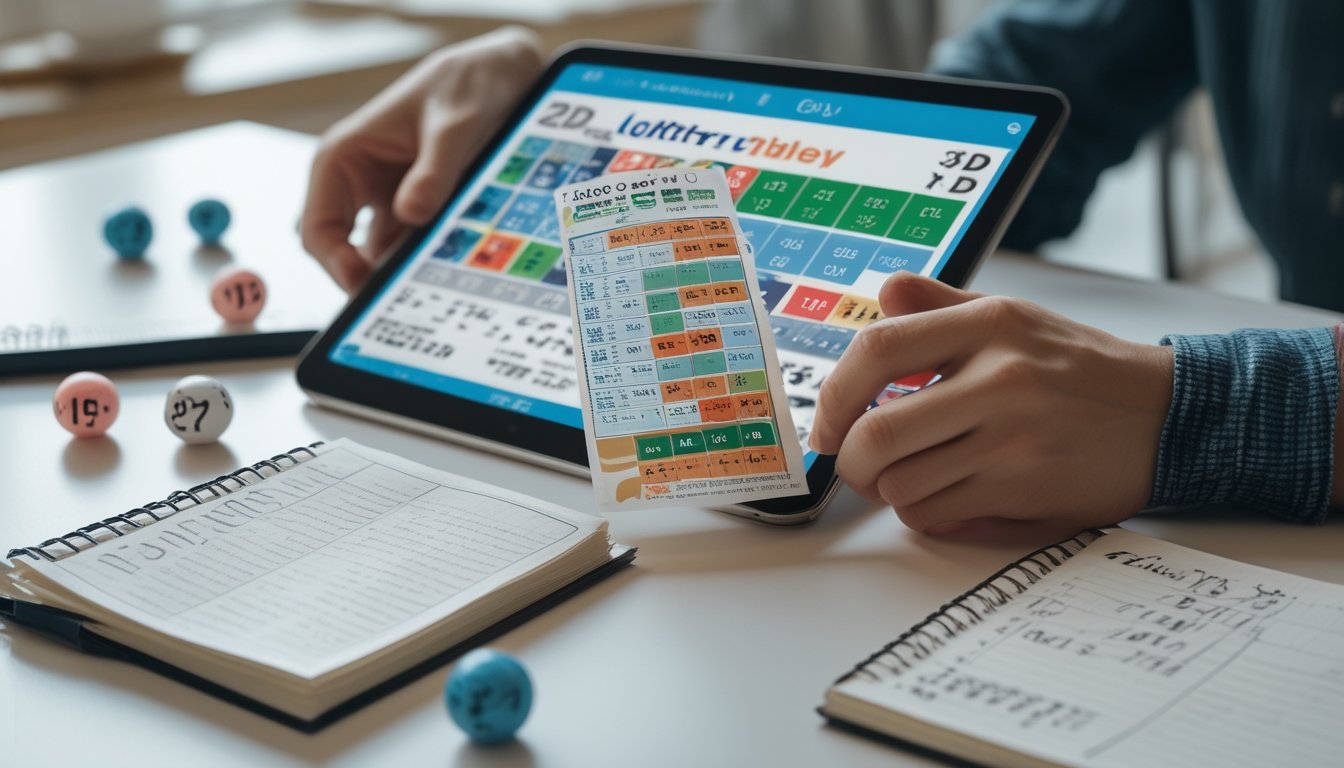 Tangan seseorang sedang memegang tiket togel dan menggunakan tablet dengan angka togel di atas meja yang rapi.