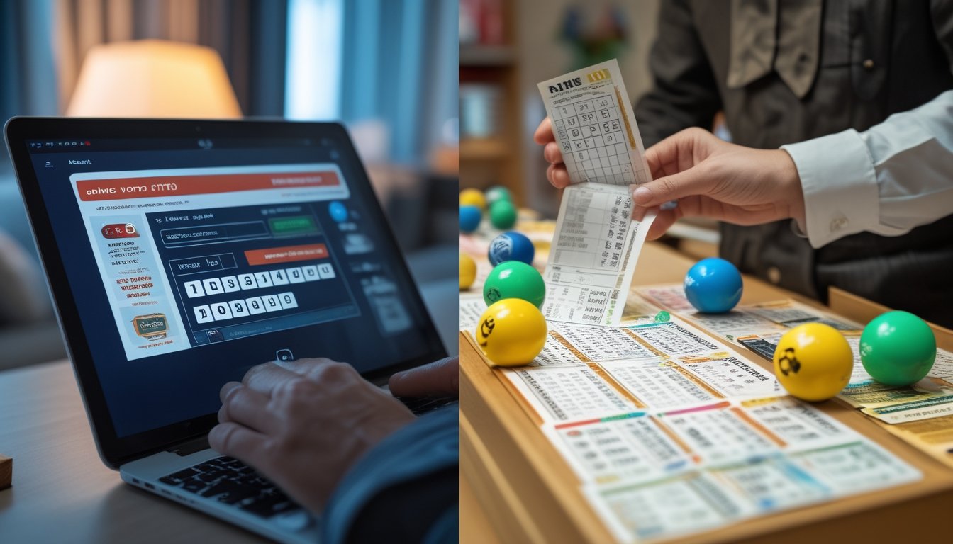 Seseorang memasang taruhan togel online menggunakan ponsel di rumah, di sebelah lain seorang pelanggan menerima tiket togel konvensional di konter toko.