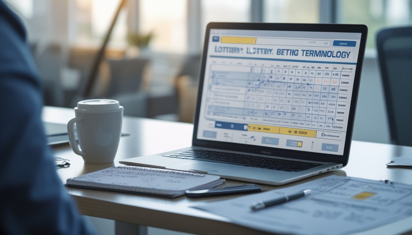 Meja kerja dengan laptop, catatan, dan ponsel yang menampilkan aplikasi taruhan togel, suasana fokus dan analitis.