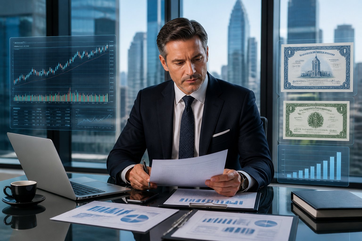 A business professional in a suit reviewing financial charts and documents at a modern office desk with city buildings visible through large windows.