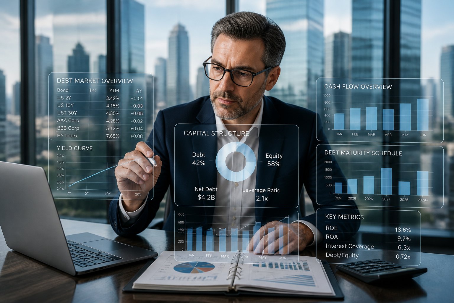 A CFO in a modern office reviewing financial data on digital screens with a city skyline visible through large windows.