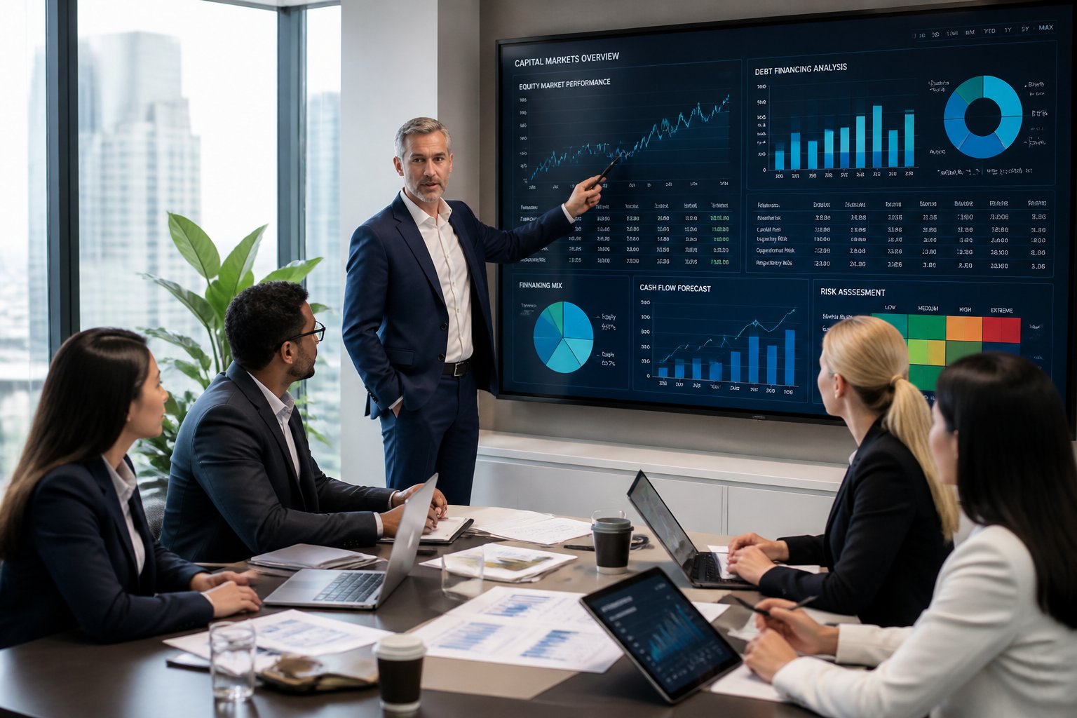 A CFO and team in a modern office reviewing financial charts and data on a large screen during a strategy meeting.
