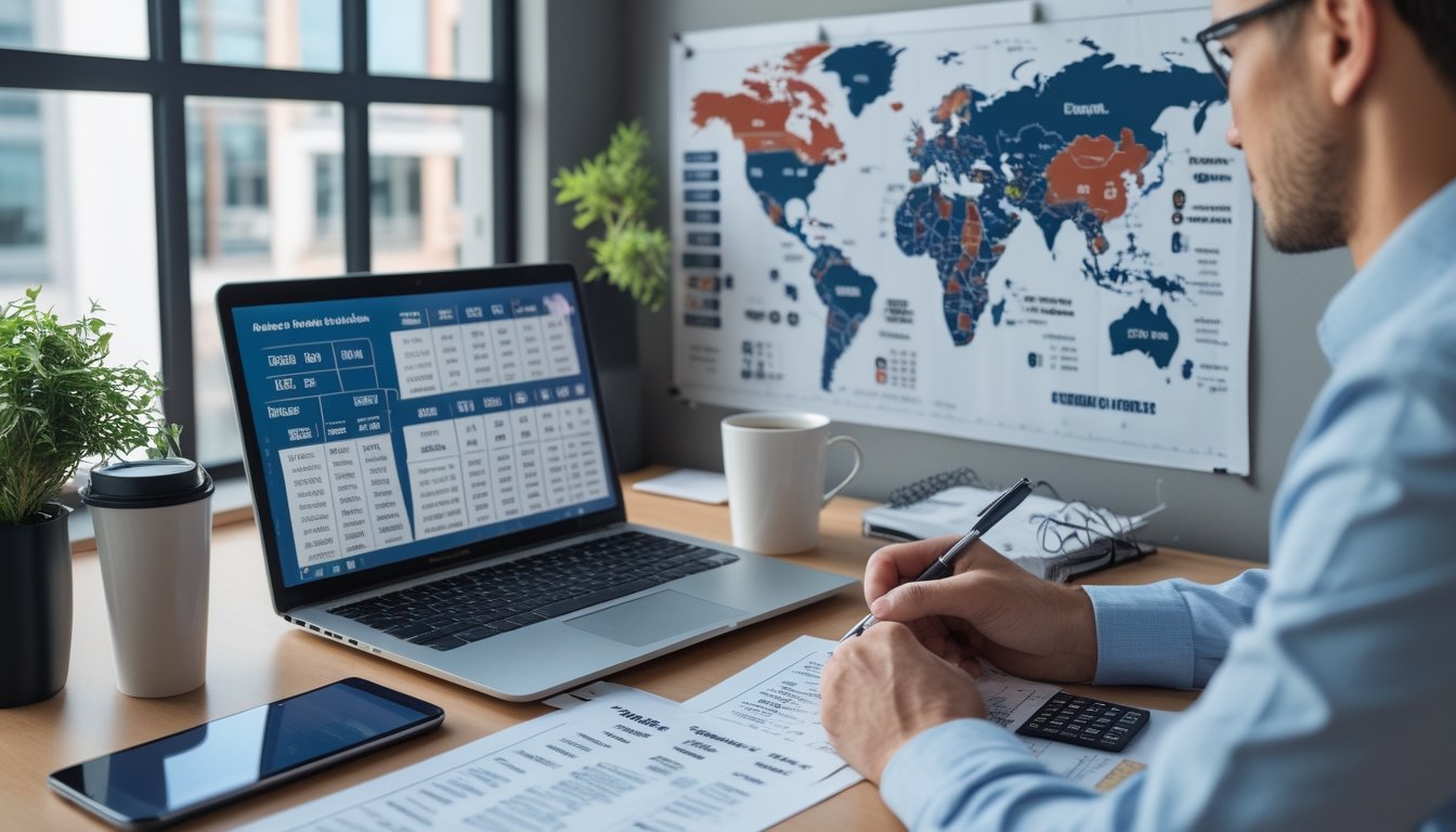 Seorang profesional sedang menganalisis jadwal dan data taruhan togel dari berbagai negara di sebuah meja kerja dengan peta dunia dan laptop.