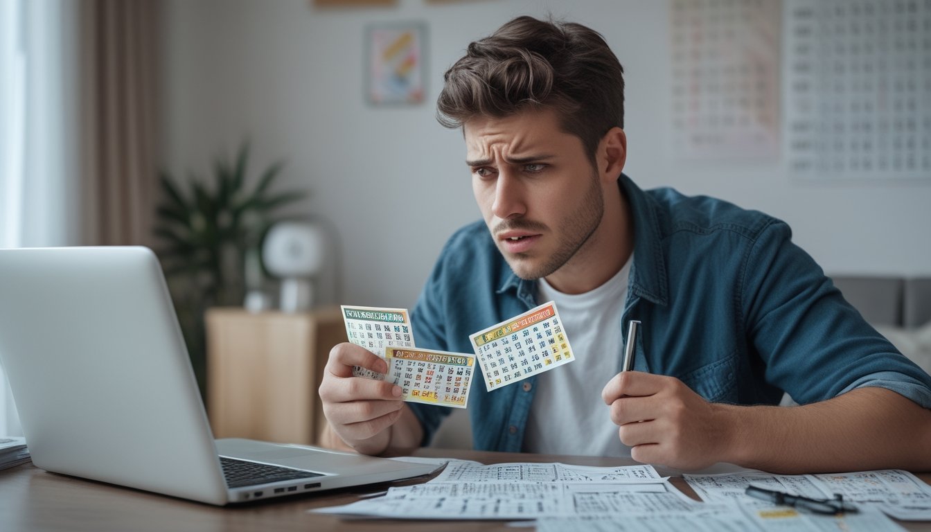 Seorang pria muda duduk di meja dengan ekspresi bingung sambil memegang tiket togel dan pena, dikelilingi oleh kertas dan laptop.