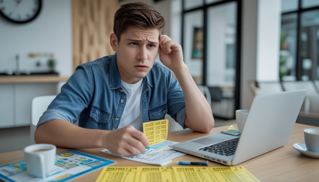 Seorang pria muda duduk di meja dengan ekspresi bingung dan frustrasi, dikelilingi oleh tiket togel, buku catatan, dan laptop yang menampilkan angka dan grafik.