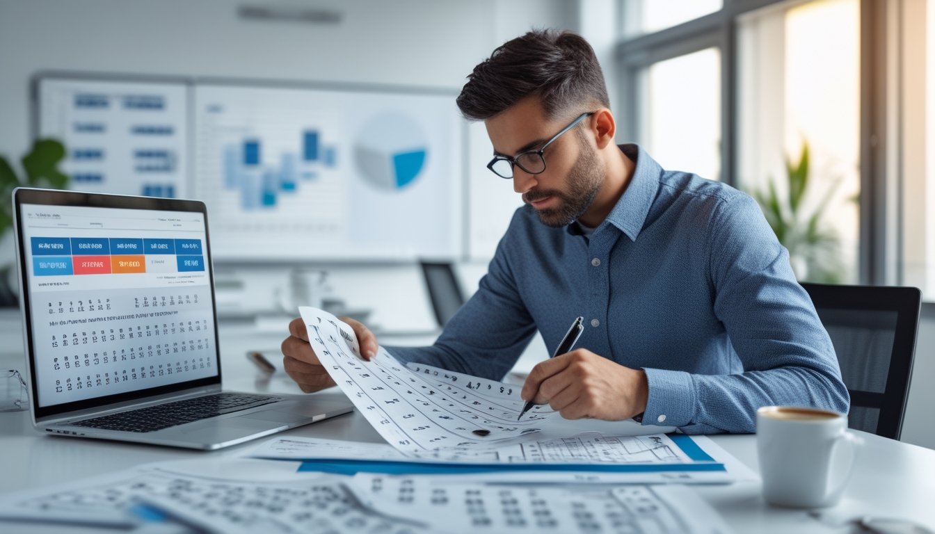 Seorang pria sedang menganalisis angka togel di meja kerja dengan laptop dan kertas berisi data angka.