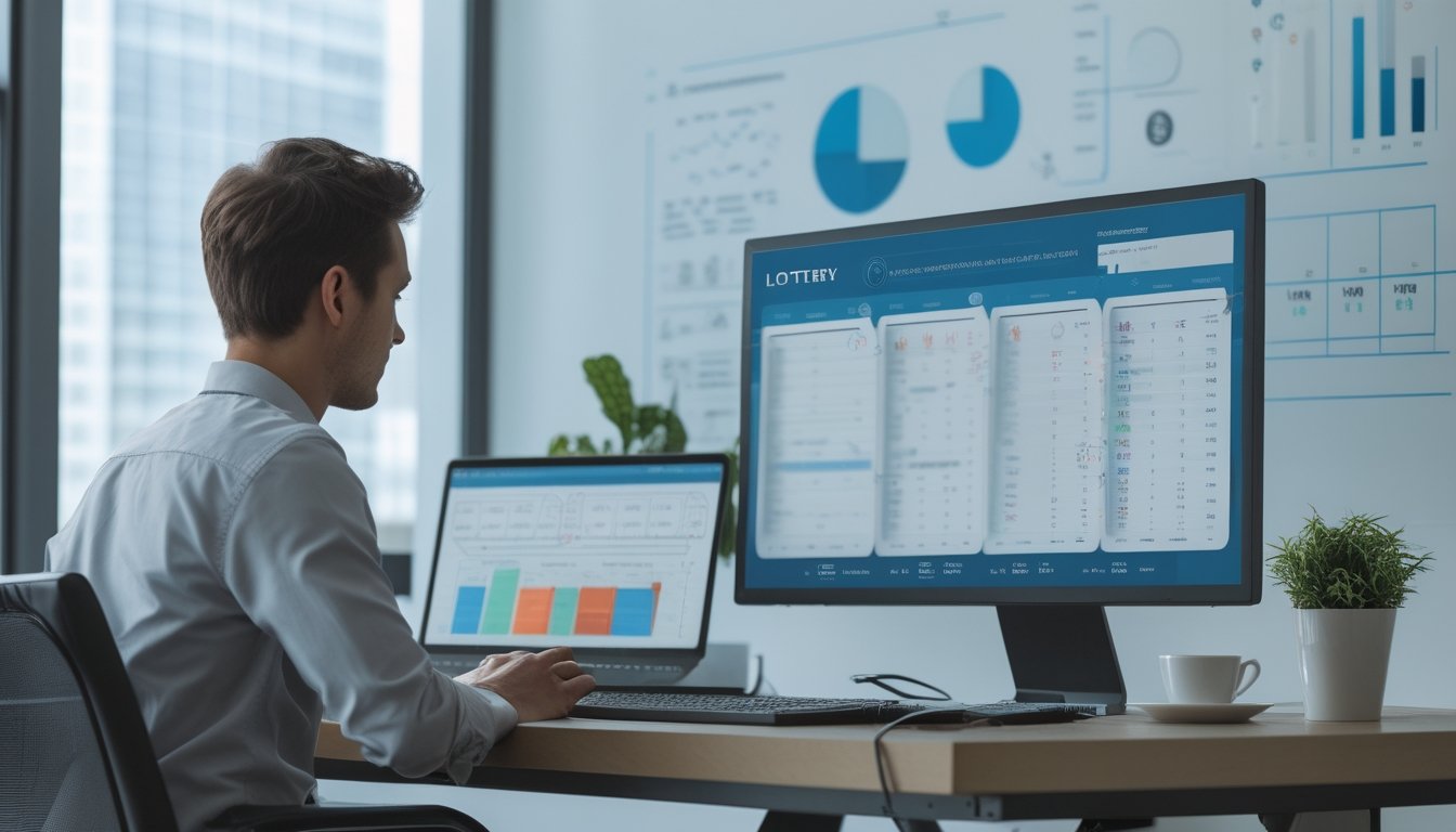 Seorang pria duduk di meja dengan perangkat digital yang menampilkan grafik dan angka, menunjukkan suasana analisis dan strategi.