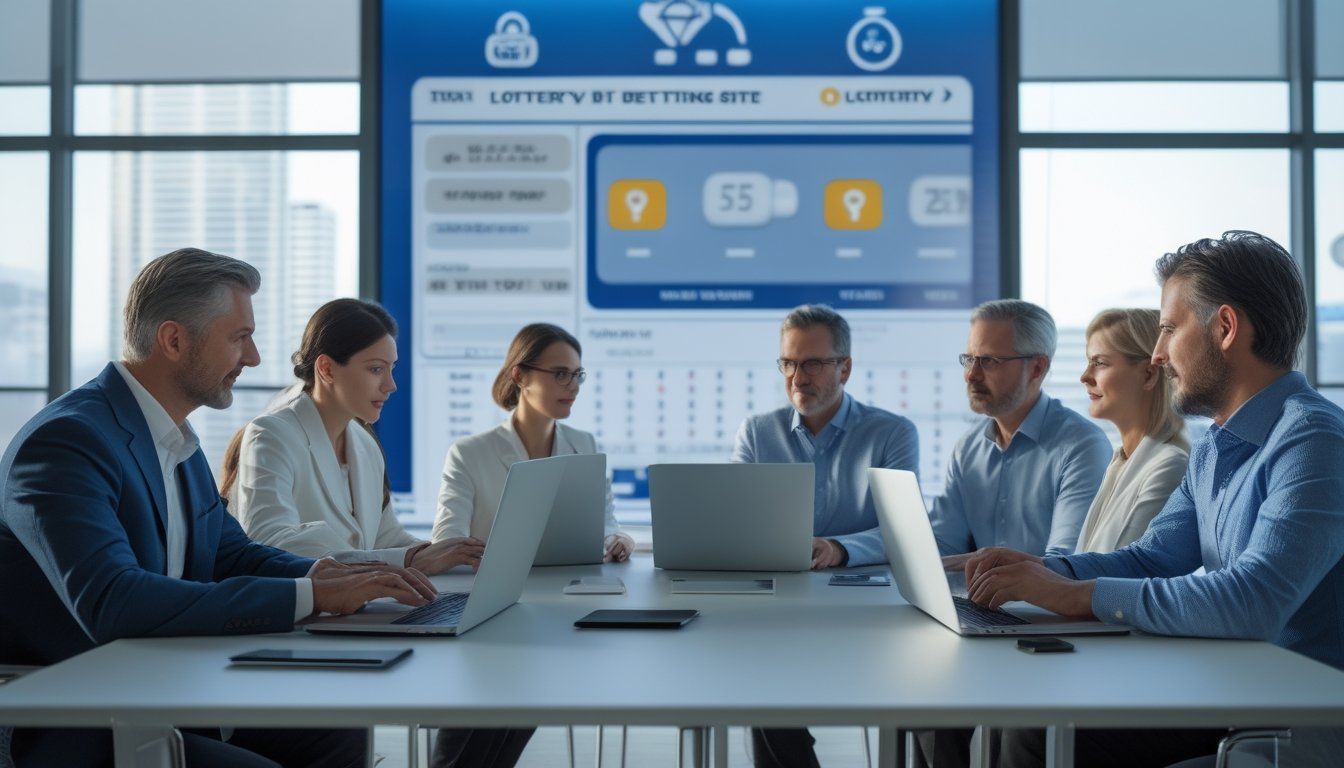 Orang-orang duduk di meja kantor dengan laptop, melihat situs taruhan togel yang aman dan terpercaya.