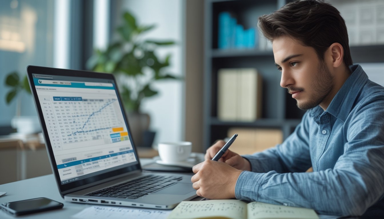 Seseorang duduk di meja kerja dengan laptop, mencatat dan menganalisis data terkait taruhan togel online.