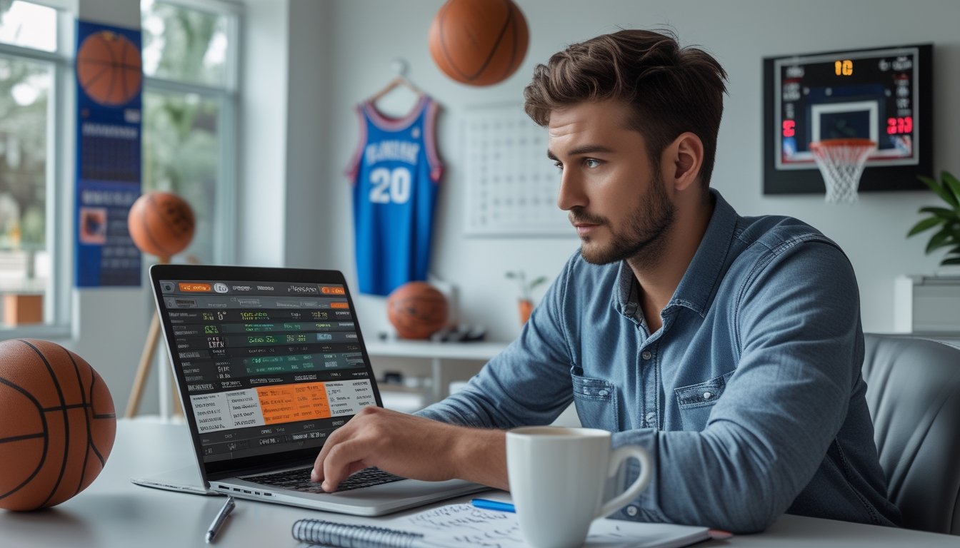 Seorang pria muda duduk di meja dengan laptop yang menampilkan peluang taruhan NBA, dikelilingi oleh perlengkapan bola basket dan catatan, terlihat fokus belajar memasang taruhan.