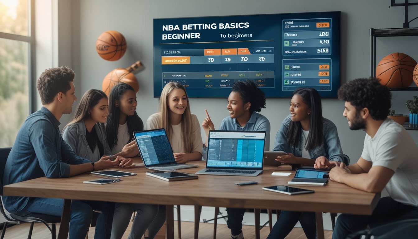 Sekelompok orang muda sedang belajar taruhan NBA dengan perangkat digital di meja kerja, memperhatikan statistik dan peluang taruhan sambil berdiskusi.