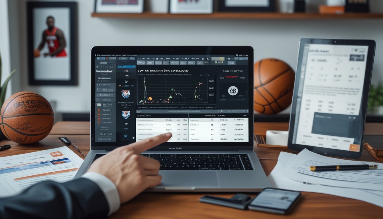 Meja kerja dengan laptop, ponsel, dan dokumen analisis tim NBA serta prediksi skor, dengan tangan menunjuk layar laptop.