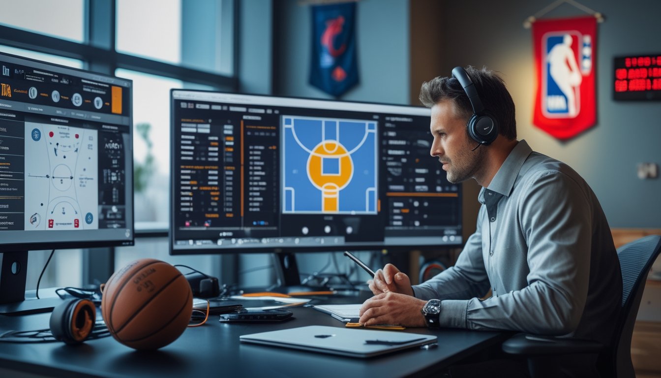 Seorang analis olahraga sedang bekerja di depan beberapa layar komputer yang menampilkan statistik dan grafik pertandingan NBA, dengan meja yang dilengkapi bola basket dan peralatan terkait.