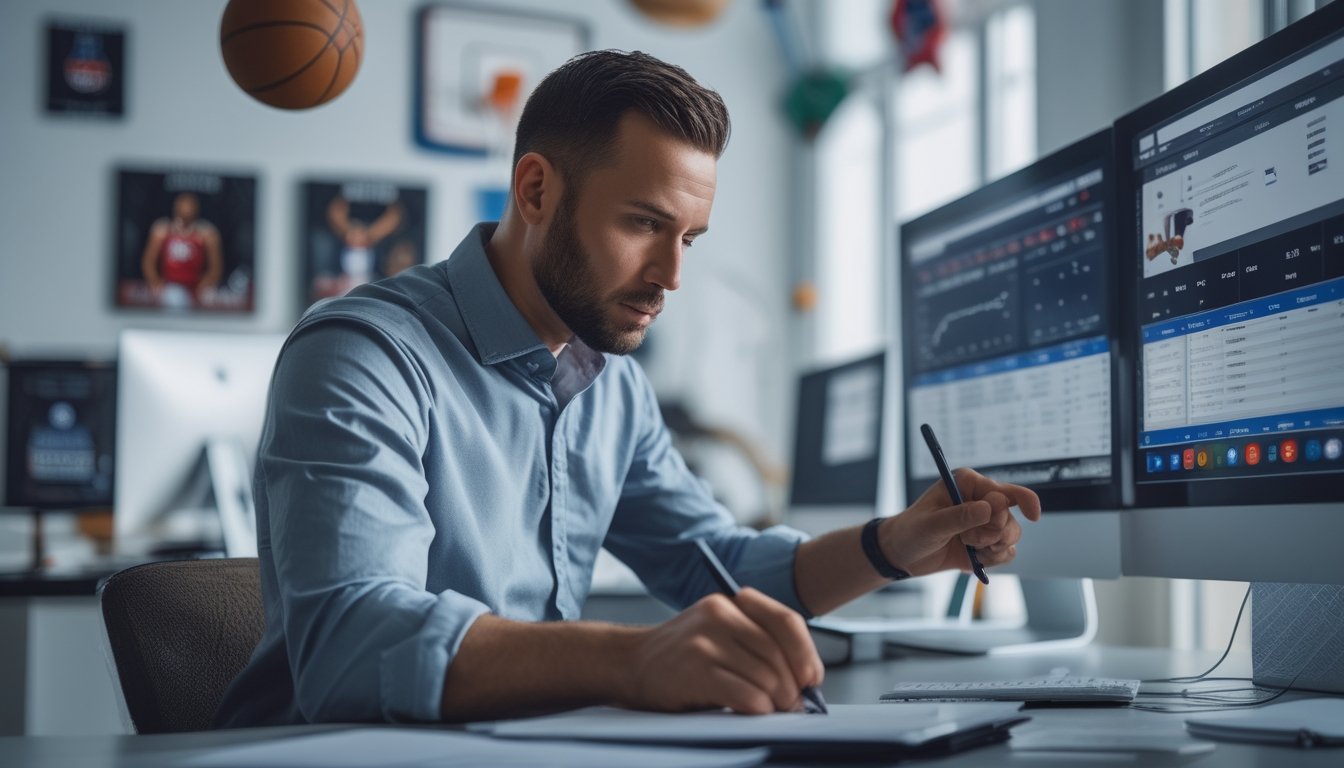 Seorang analis olahraga sedang fokus melihat data pertandingan NBA di beberapa layar komputer di sebuah kantor yang rapi dengan beberapa barang bertema bola basket di latar belakang.