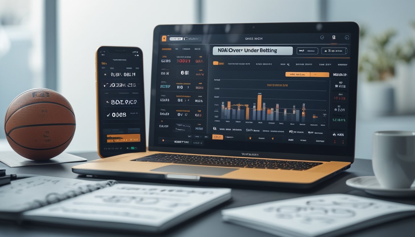 Seorang pria duduk di meja dengan laptop yang menampilkan statistik taruhan bola basket dan ponsel yang menayangkan pertandingan NBA secara langsung.