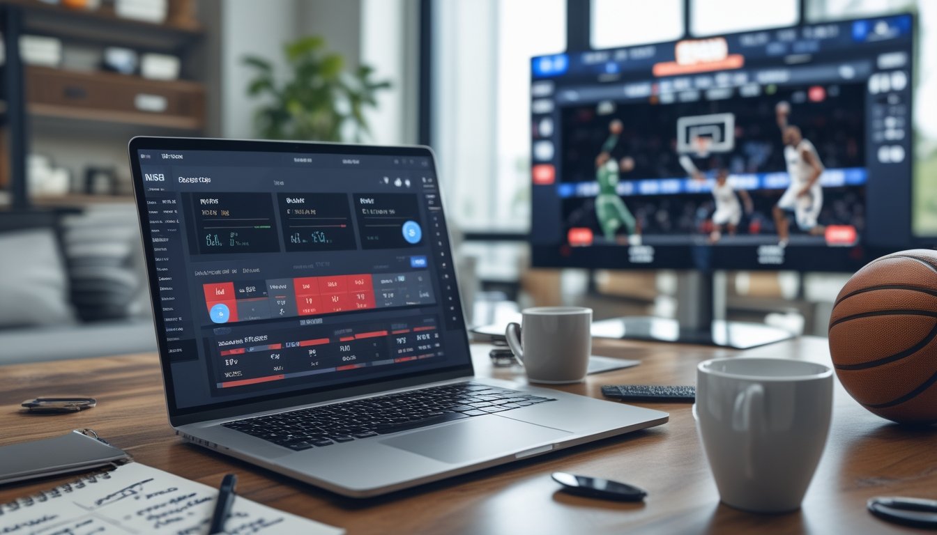 Meja kerja dengan laptop yang menampilkan statistik bola basket, bola basket di sampingnya, dan televisi menayangkan pertandingan NBA di latar belakang.