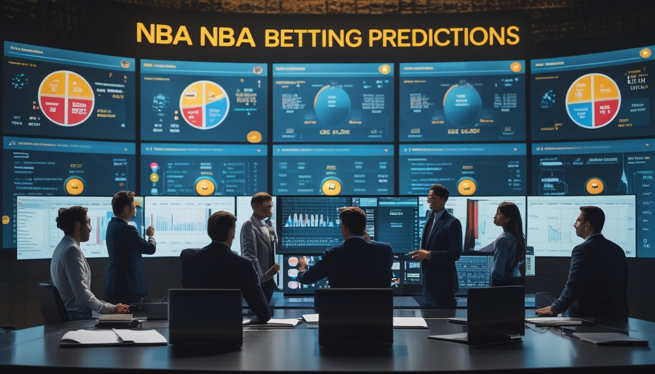 Sejumlah analis olahraga sedang bekerja di depan beberapa monitor yang menampilkan statistik pemain dan performa tim NBA terbaru.
