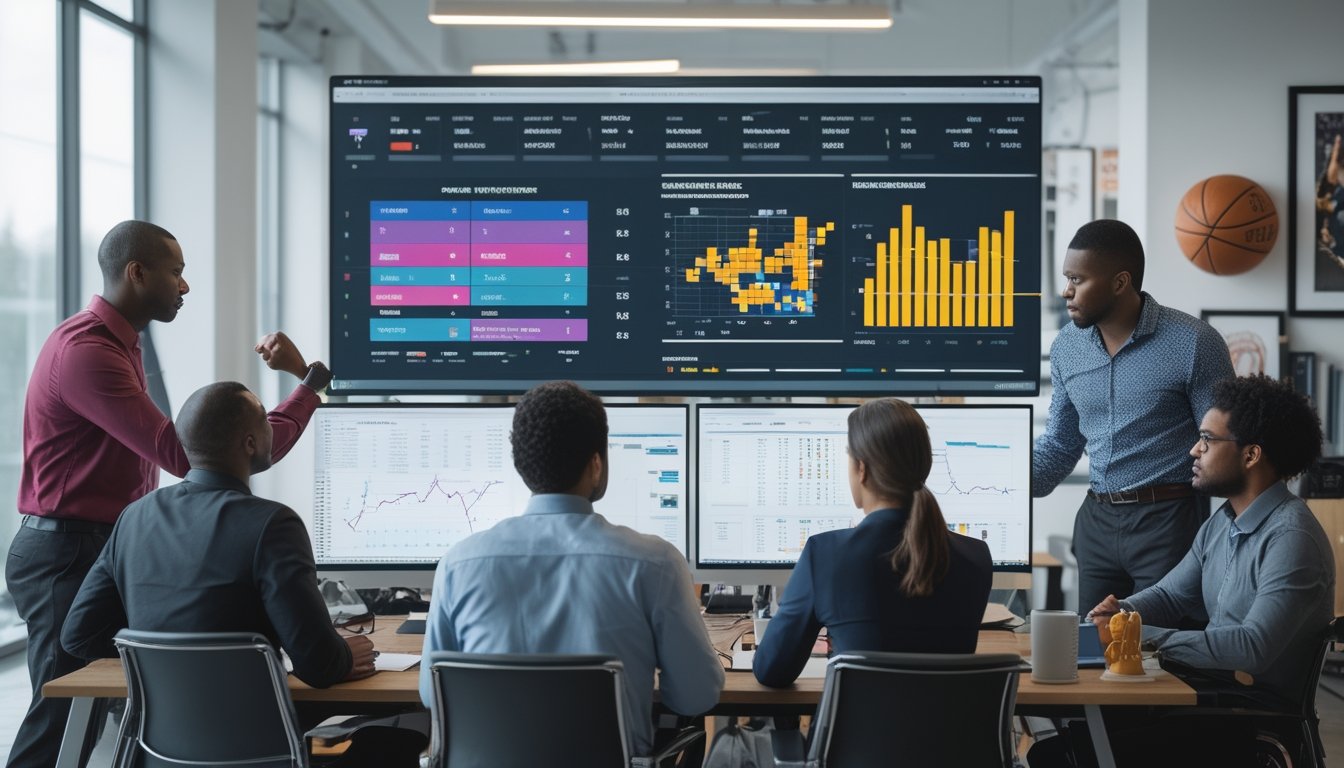 Sekelompok analis bekerja bersama di kantor modern dengan layar komputer yang menampilkan grafik dan statistik pemain NBA.