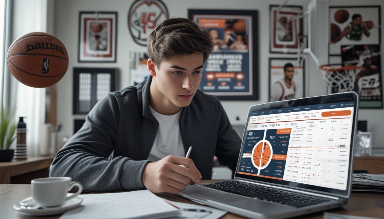 Seorang pria muda duduk di meja dengan laptop, menganalisis statistik dan peluang taruhan NBA di ruang kerja rumah yang terang dengan memorabilia bola basket di latar belakang.