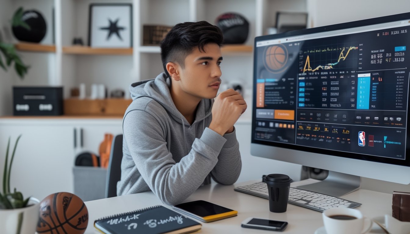 Seorang pria muda duduk di meja dengan komputer yang menampilkan data taruhan NBA, dikelilingi alat tulis dan bola basket di ruang kerja yang rapi.