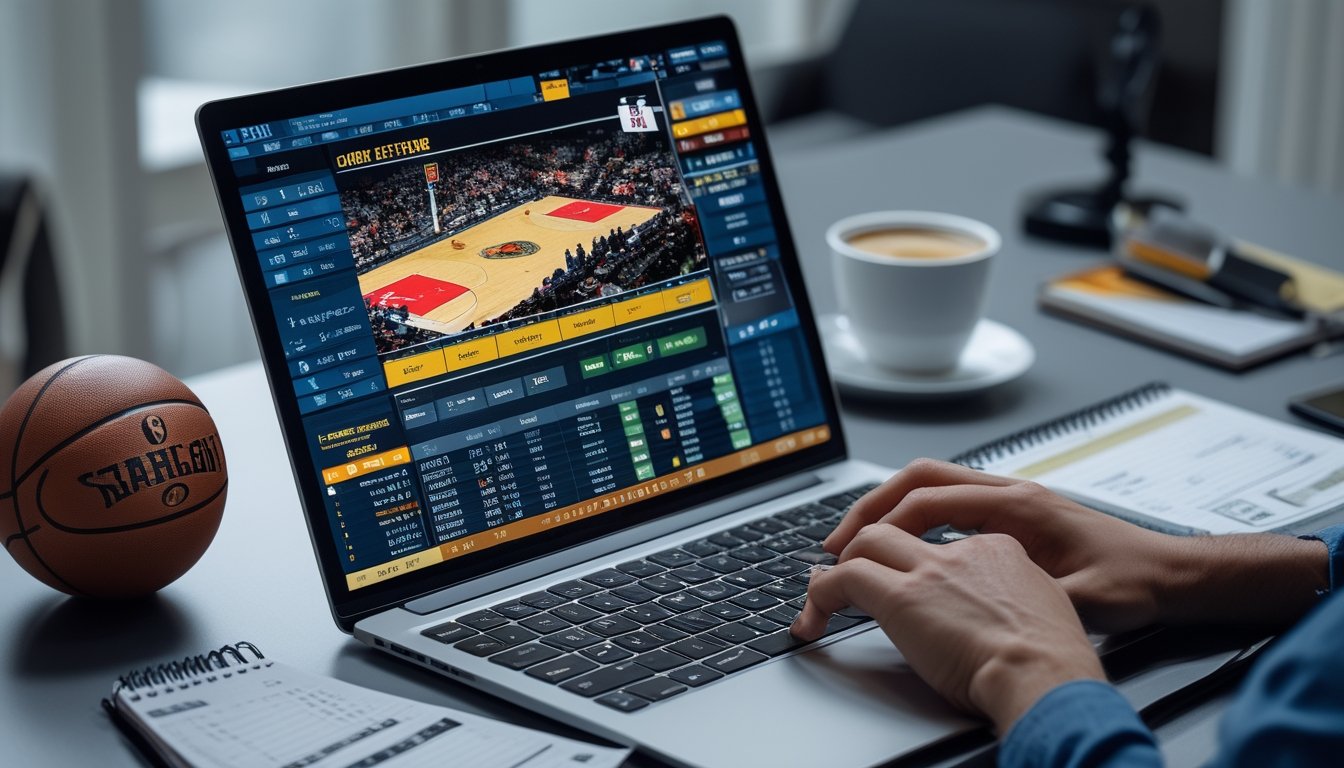 Seseorang duduk di depan laptop yang menampilkan pertandingan bola basket dan perubahan peluang taruhan secara langsung.