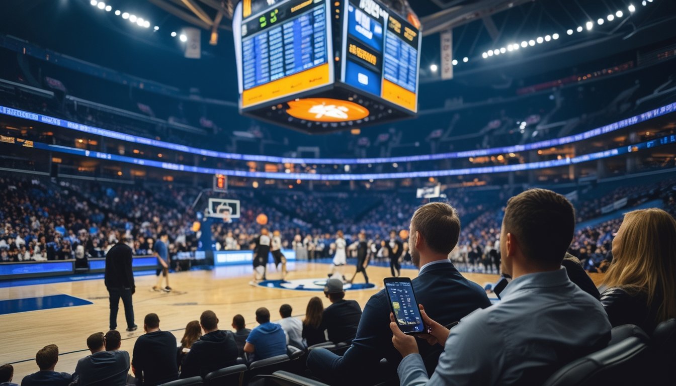 Orang-orang menonton pertandingan NBA secara langsung di arena dengan layar menampilkan peluang taruhan dan aksi pemain di lapangan.