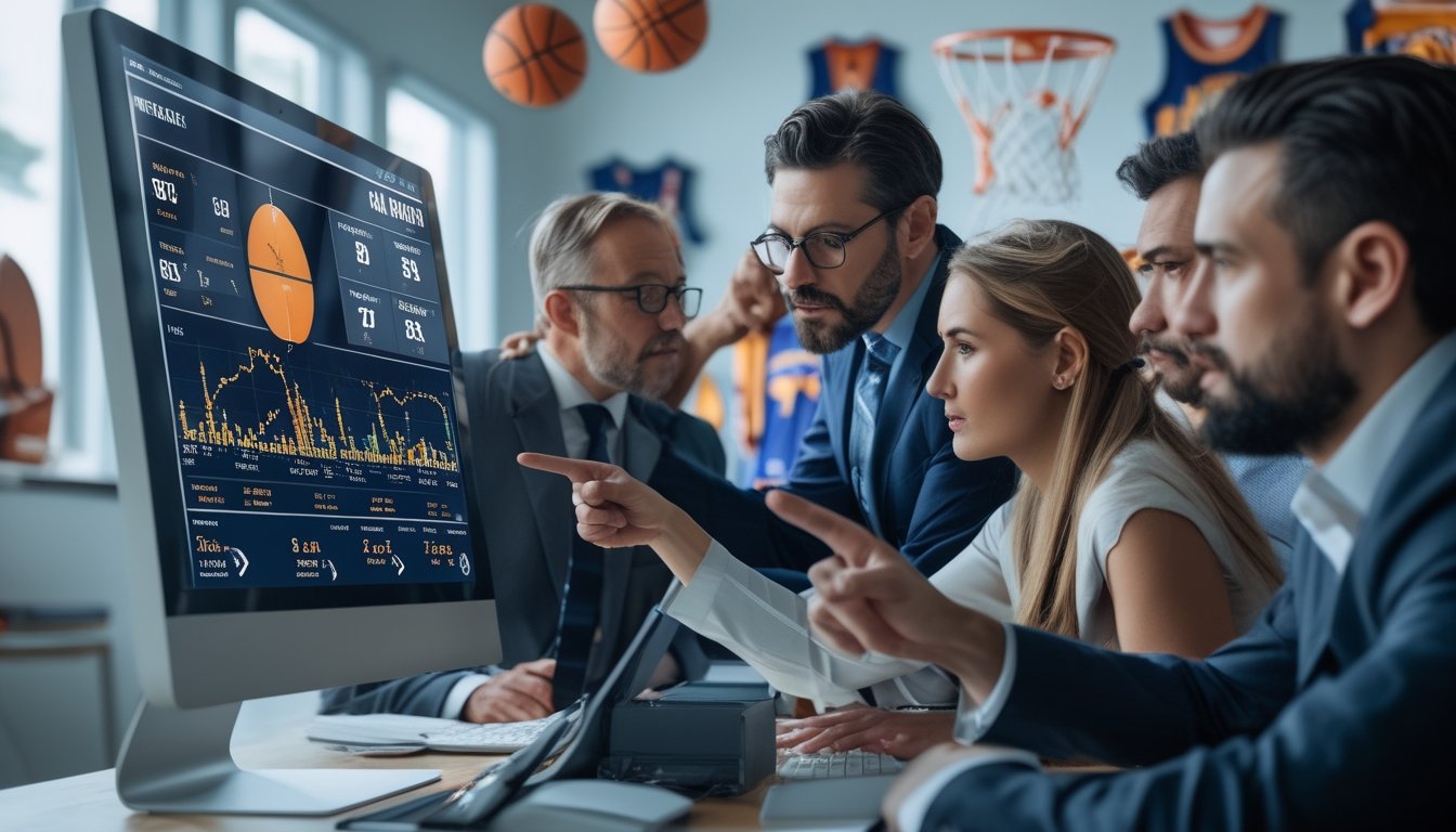 Sekelompok analis olahraga sedang berdiskusi di depan layar komputer yang menampilkan statistik dan grafik bola basket NBA.
