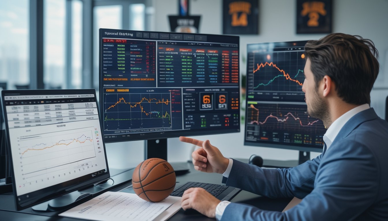 Seorang analis olahraga sedang bekerja di depan beberapa layar komputer yang menampilkan statistik dan grafik terkait taruhan spread NBA.