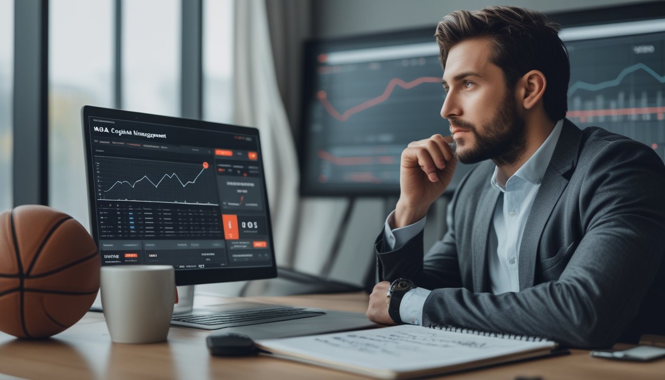 Seorang pria sedang menganalisis data taruhan NBA di meja kerja dengan laptop dan catatan.