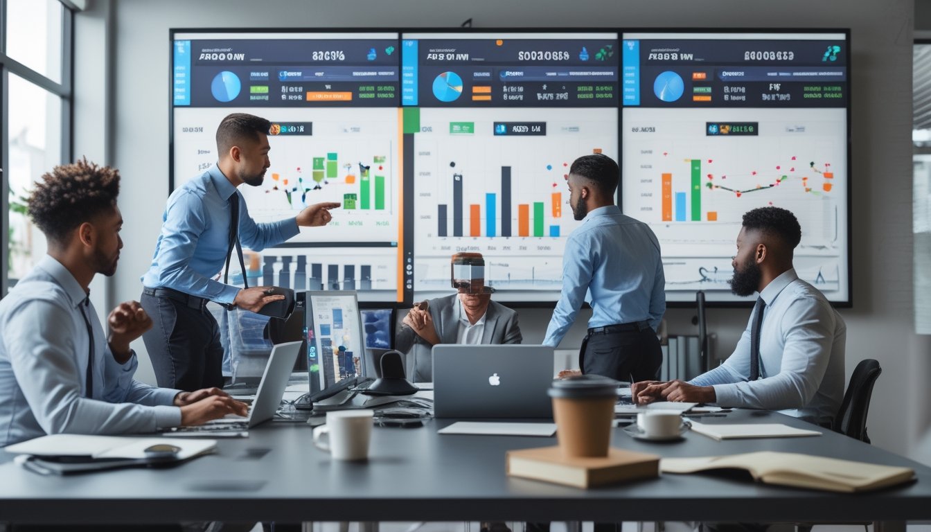 Sekelompok profesional sedang menganalisis data dan berdiskusi di kantor modern tentang pengelolaan modal taruhan NBA.