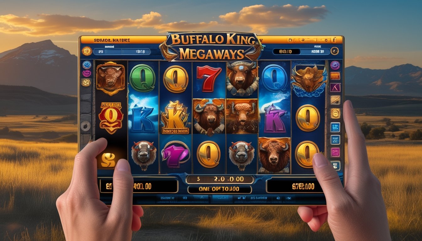 Layar permainan slot digital dengan simbol kerbau dan pemandangan padang rumput di latar belakang, tangan seseorang sedang menyentuh layar perangkat.