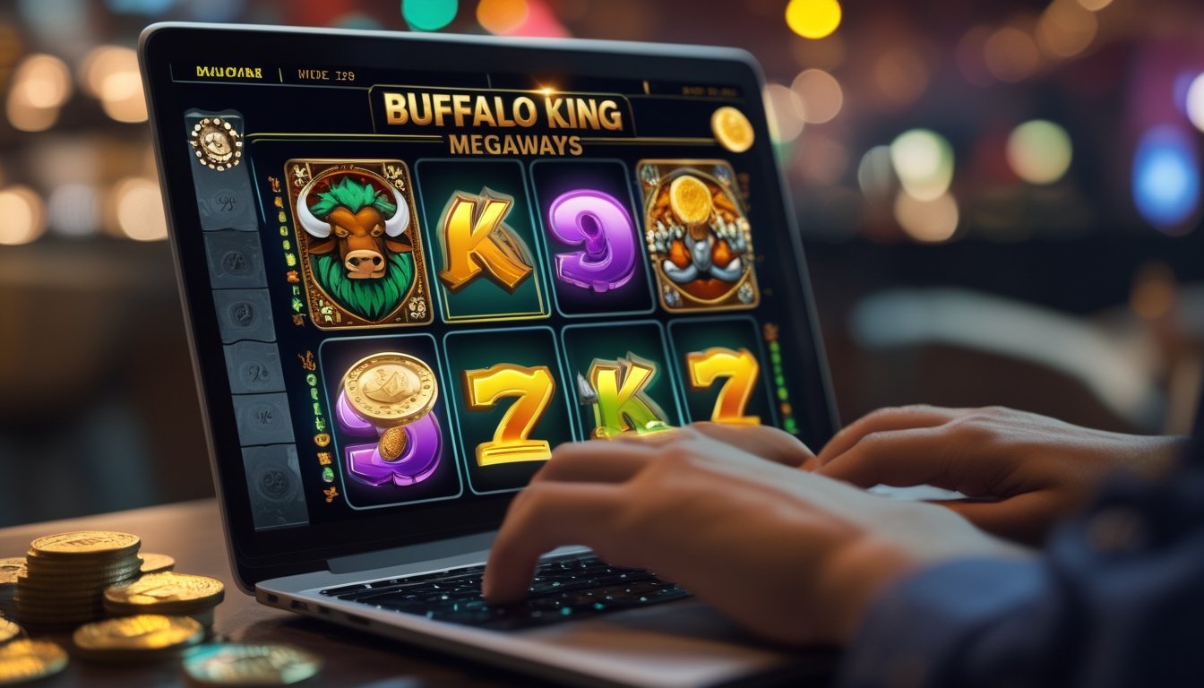 Tangan seseorang sedang menggunakan laptop yang menampilkan permainan slot dengan simbol kerbau dan ikon bonus berwarna-warni.