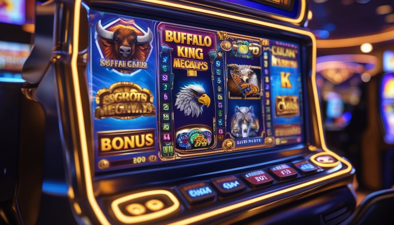 Layar mesin slot menampilkan simbol kerbau dan ikon bonus dengan latar belakang kasino yang ramai dan penuh cahaya.