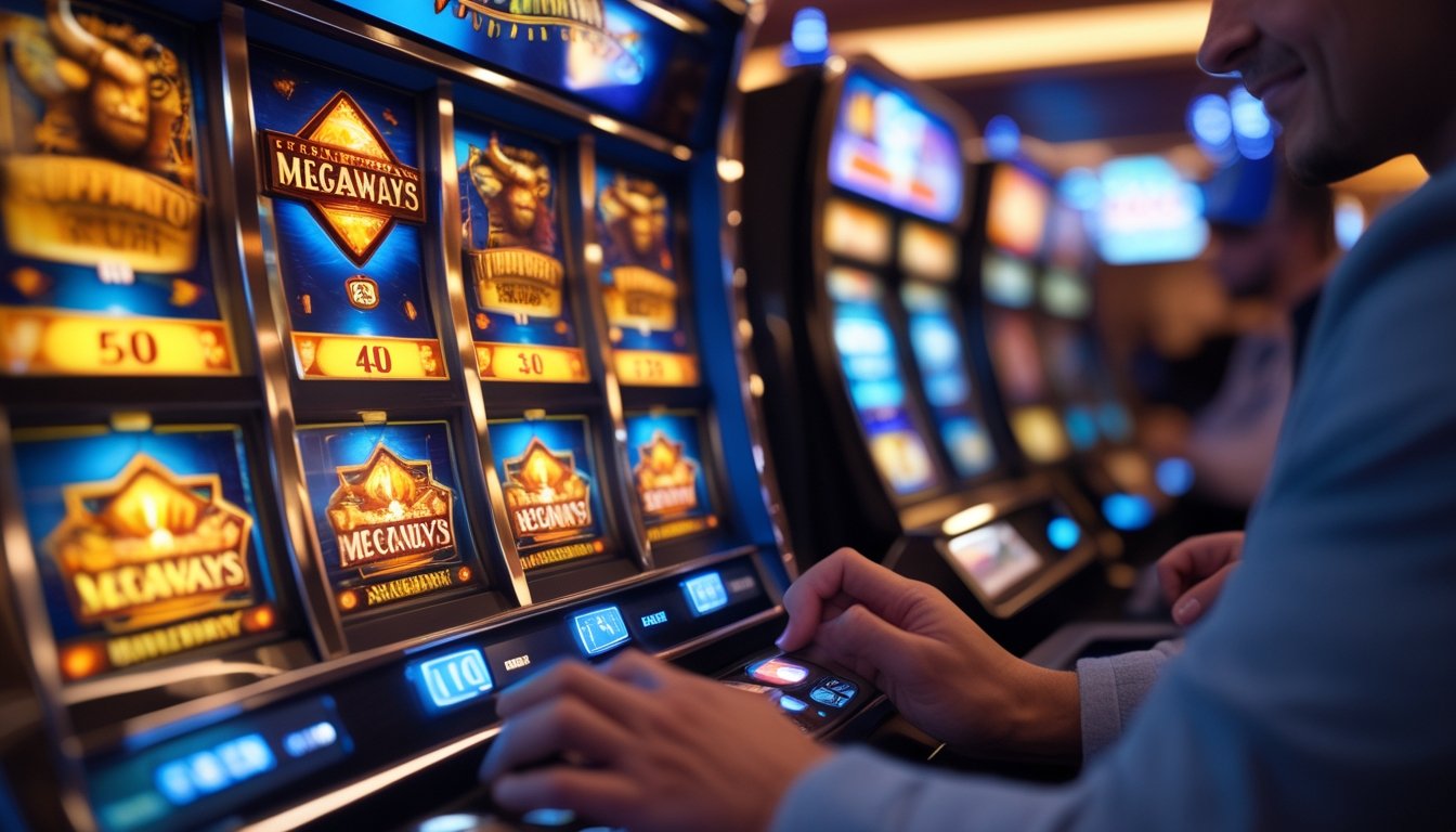 Seorang pemain sedang bermain mesin slot Buffalo King Megaways di kasino dengan fokus dan suasana yang penuh semangat.