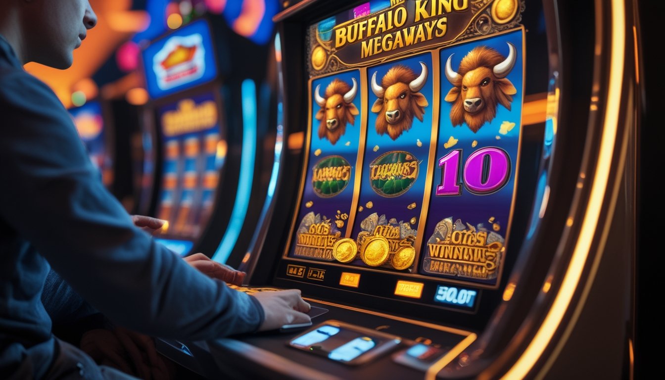 Seorang pemain sedang fokus pada mesin slot Buffalo King Megaways yang menampilkan simbol kerbau dan koin emas, dengan suasana kasino di latar belakang.