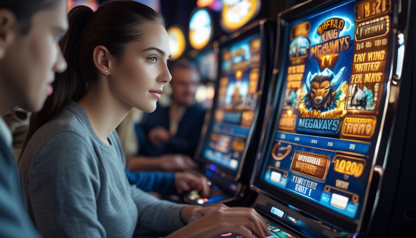 Seorang pemain sedang bermain mesin slot Buffalo King Megaways di kasino dengan latar belakang pemain lain yang fokus dan suasana yang ramai.