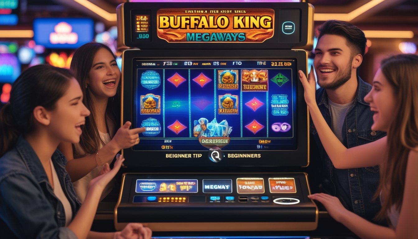 Orang-orang bermain mesin slot Buffalo King Megaways di kasino dengan ekspresi antusias dan suasana yang hangat.