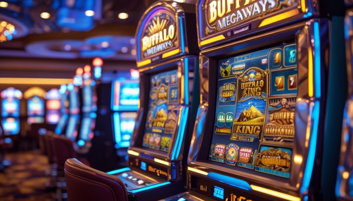 Mesin slot Buffalo King Megaways yang menyala di tengah lantai kasino dengan mesin slot lain di sekitarnya, menampilkan suasana kasino yang hidup dan penuh semangat.